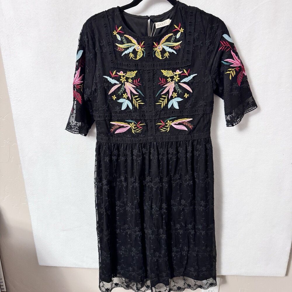 Roolee Naomi Black Embroidered Midi Dress Size Large NWT
